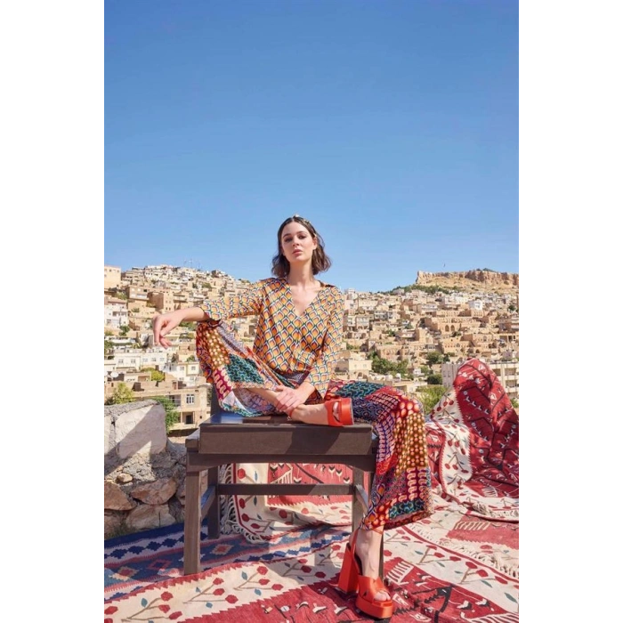 Vipmarketim Etnik Desenli Saten Alt Üst Takım