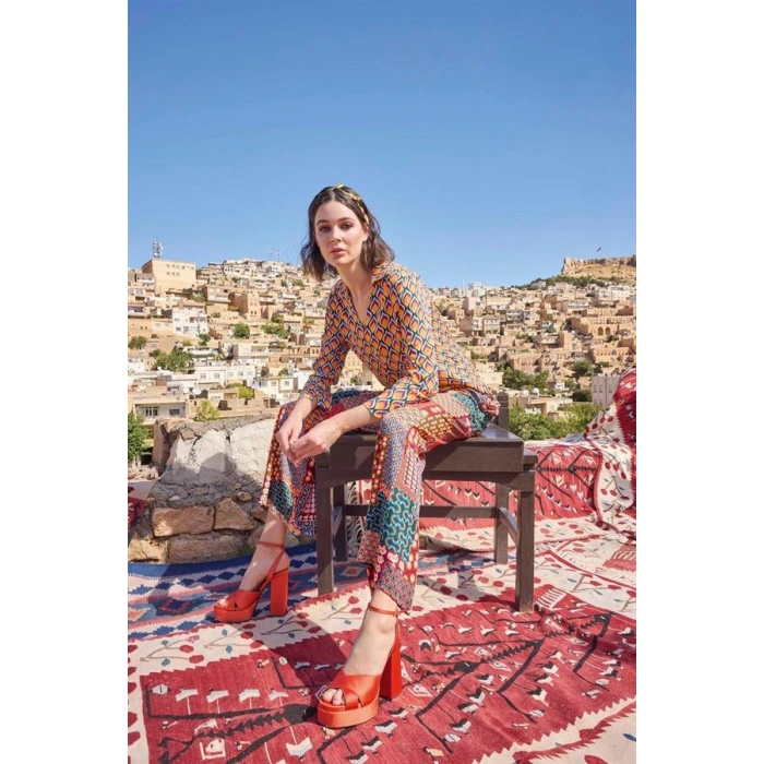 Vipmarketim Etnik Desenli Saten Alt Üst Takım