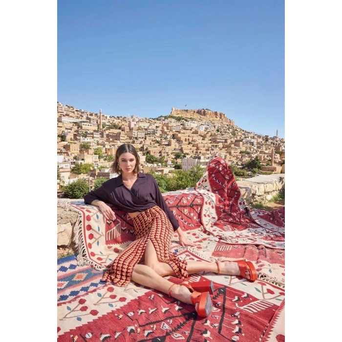 Vipmarketim Etnik Desenli Saten Etek Takımı