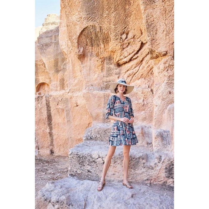 Vipmarketim Etnik Desenli Truvakar Kollu V Yaka Elbise