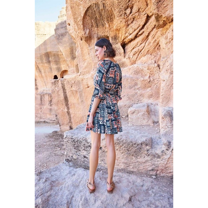 Vipmarketim Etnik Desenli Truvakar Kollu V Yaka Elbise