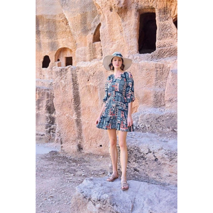 VipMarketim Etnik Desenli Truvakar Kollu V Yaka Elbise