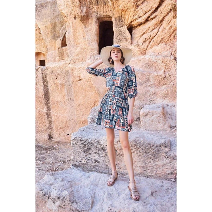 Vipmarketim Etnik Desenli Truvakar Kollu V Yaka Elbise