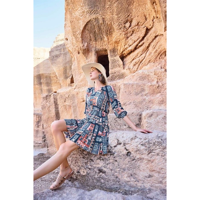 VipMarketim Etnik Desenli Truvakar Kollu V Yaka Elbise