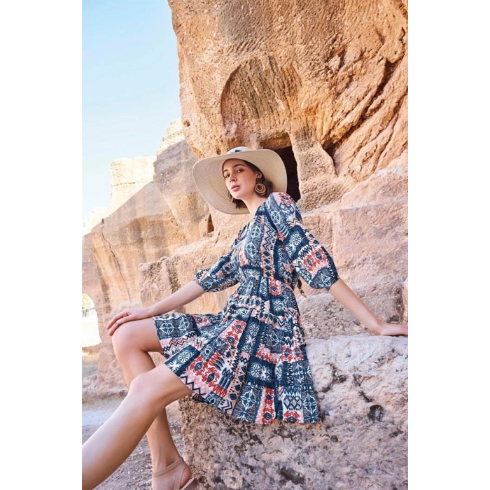 VipMarketim Etnik Desenli Truvakar Kollu V Yaka Elbise