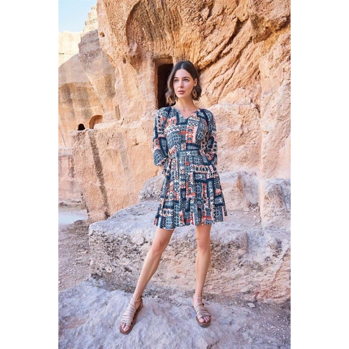 Vipmarketim Etnik Desenli Truvakar Kollu V Yaka Elbise