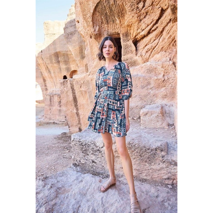 Vipmarketim Etnik Desenli Truvakar Kollu V Yaka Elbise