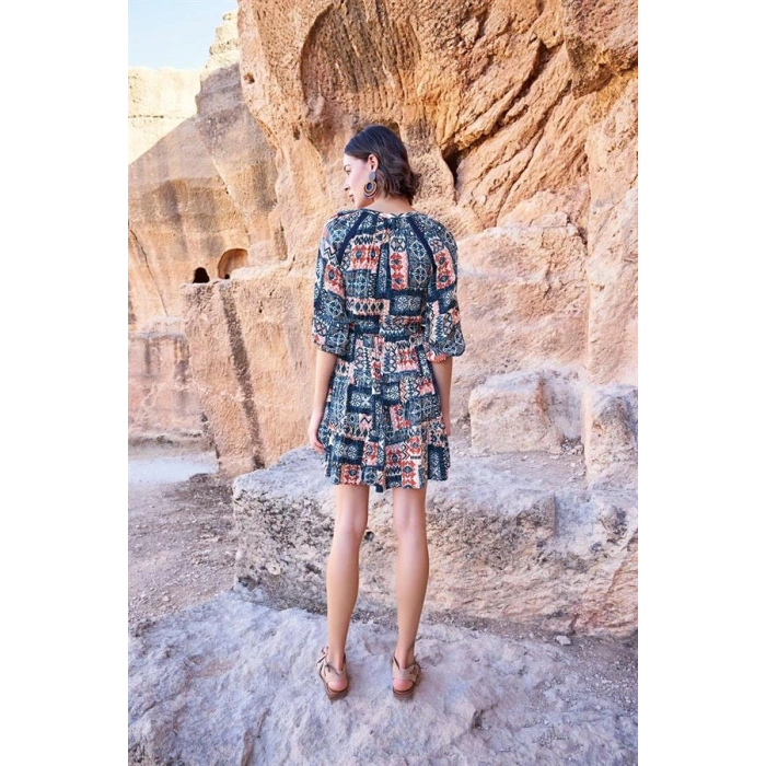 Vipmarketim Etnik Desenli Truvakar Kollu V Yaka Elbise