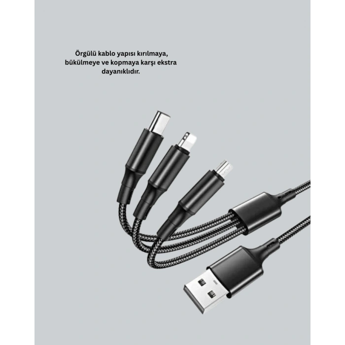 VipMarketim Evrensel 3 Başlıklı Şarj Kablosu – iPhone Huawei Samsung İçin