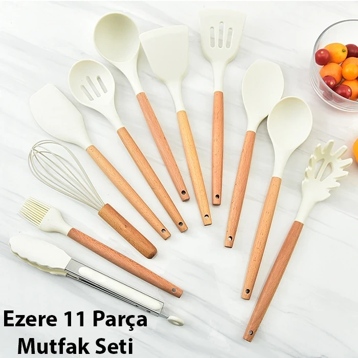 VipMarketim Ezere 11 Parça Silikon Uçlu Ahşap Saplı Mutfak Seti Ve Saklama Kutusu-(5775)