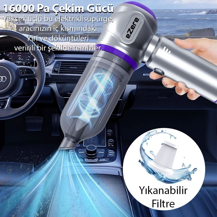 VipMarketim EZERE 16000pa Güçlü Portatif Taşınabilir Vakumlu Kablosuz Üflemeli Mini Araç Süpürgesi-(5775)