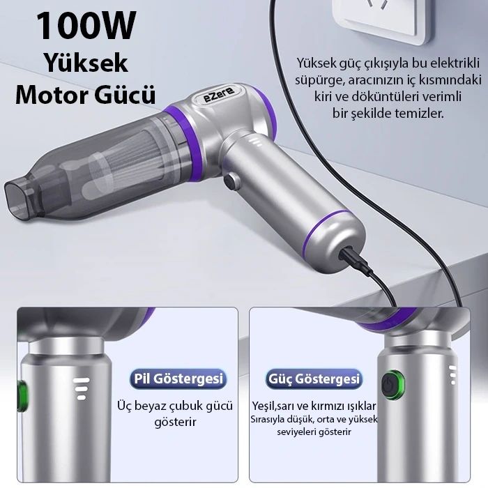 VipMarketim EZERE 16000pa Güçlü Portatif Taşınabilir Vakumlu Kablosuz Üflemeli Mini Araç Süpürgesi-(5775)