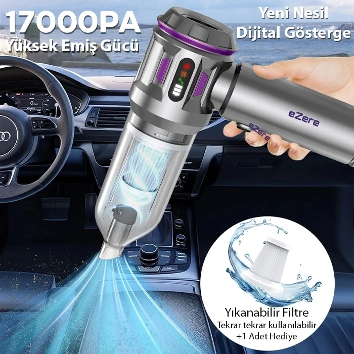 VipMarketim EZERE 17000pa Güçlü Dijital Göstergeli Vakumlu Kablosuz Üflemeli Mini Araç Süpürgesi-(5775)