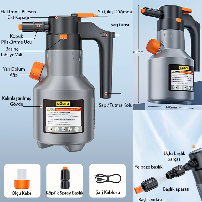 VipMarketim EZERE 2L Yüksek Basınçlı Şarjlı Köpük Makinası Oto Yıkama Pompası Köpük Püskürtücü-(5775)