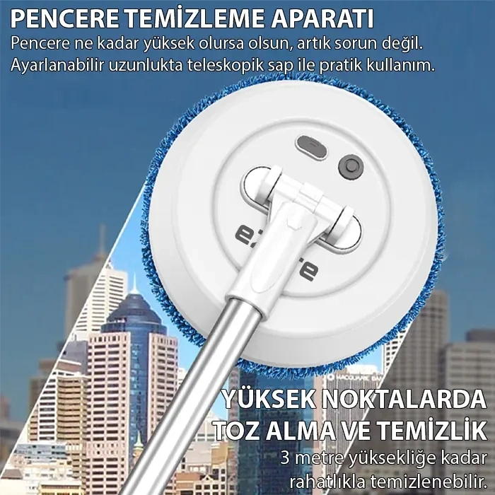 VipMarketim EZERE AA102 Pro Teleskopik Kablosuz Döner Temizlik Fırçası – Cam Tavan Zemin Uyumlu-(5775)