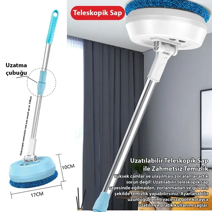 VipMarketim EZERE AA102 Pro Teleskopik Kablosuz Döner Temizlik Fırçası – Cam Tavan Zemin Uyumlu-(5775)