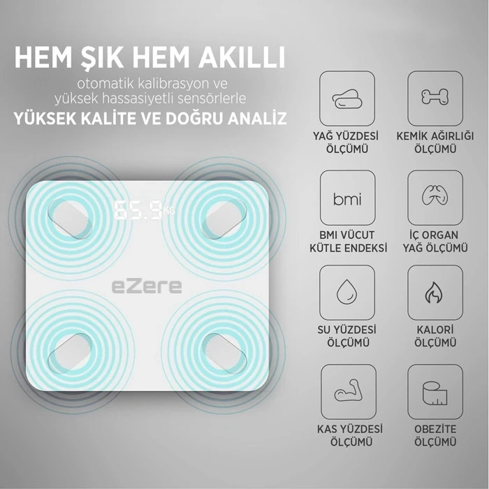 VipMarketim EZERE Body Composition Scale Yağ Ölçer Fonksiyonlu Akıllı Bluetooth Tartı Baskül-(5775)