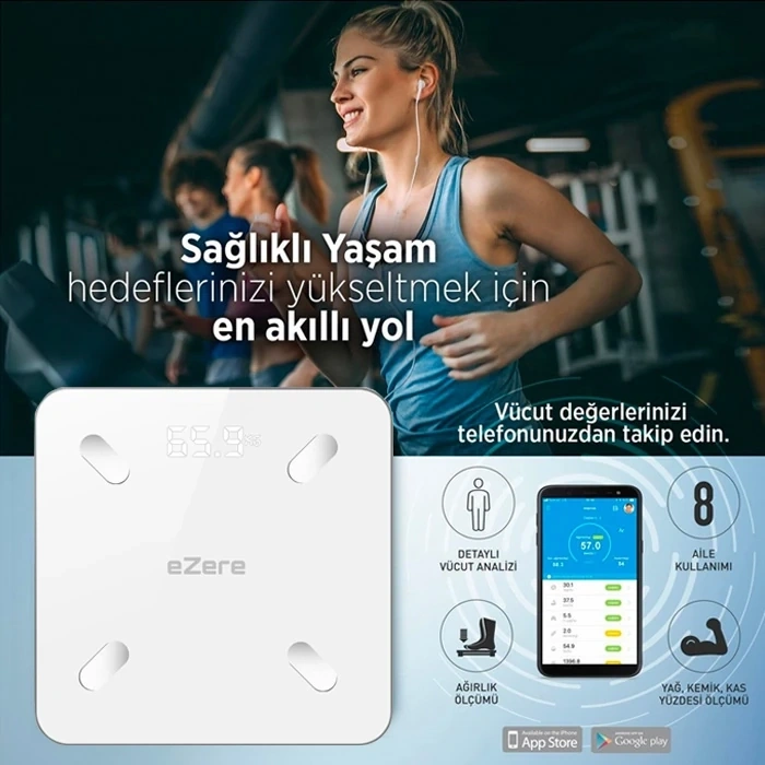 VipMarketim EZERE Body Composition Scale Yağ Ölçer Fonksiyonlu Akıllı Bluetooth Tartı Baskül-(5775)