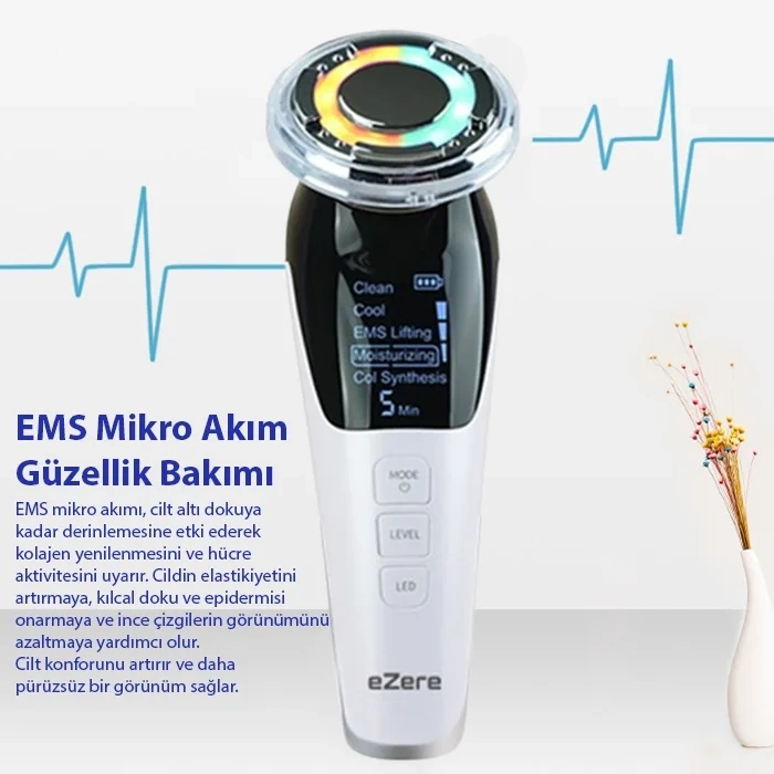 VipMarketim EZERE D818 Şarjlı Soğuk-Sıcak Kompresli Gerdirme Nemlendirme Kolajen Sentezli Ems Cilt Bakım Cihazı-(5775)