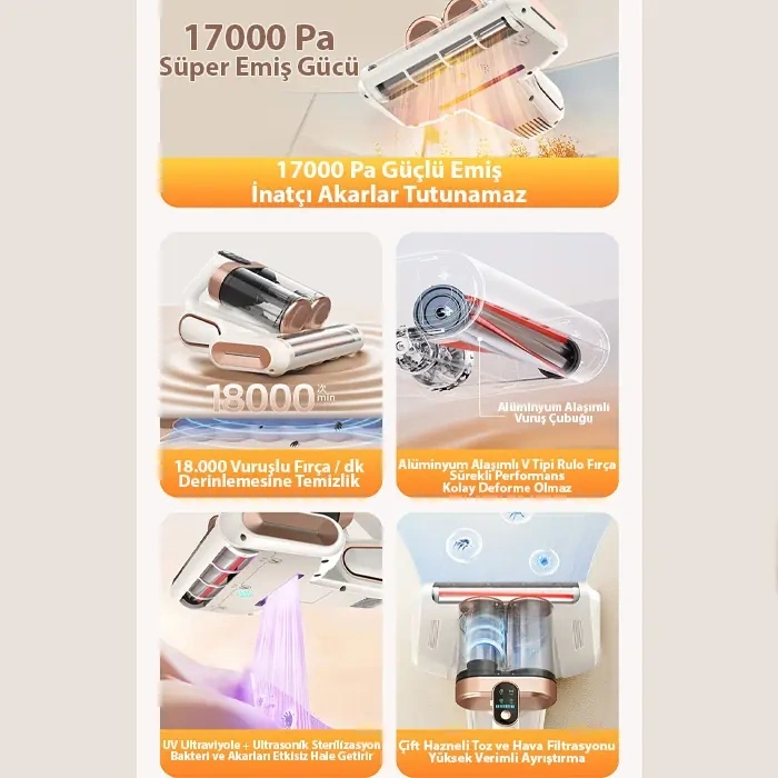 VipMarketim Ezere DustAway 17000Pa Güçlü Kablosuz Akar ve Toz UV Işıklı Yatak ve Koltuk Temizleyici-(5775)