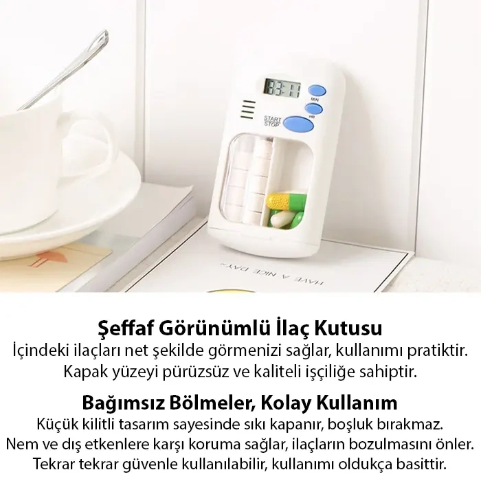 VipMarketim Ezere Elektronik Akıllı Zamanlayıcılı Taşınabilir Hap İlaç Kutusu - BPA İçermez-(5775)
