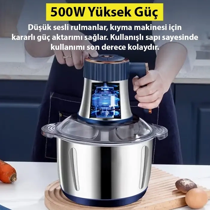 VipMarketim EZERE PowerChop Pro Elektrikli Paslanmaz Çelik Kollu 5 Litre Et Kıyma Makinesi Sebze Meyve Doğrayıcı Rondo Blendır-(5775)