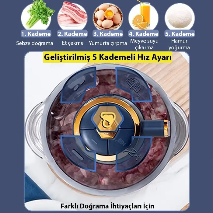 VipMarketim EZERE PowerChop Pro Elektrikli Paslanmaz Çelik Kollu 5 Litre Et Kıyma Makinesi Sebze Meyve Doğrayıcı Rondo Blendır-(5775)