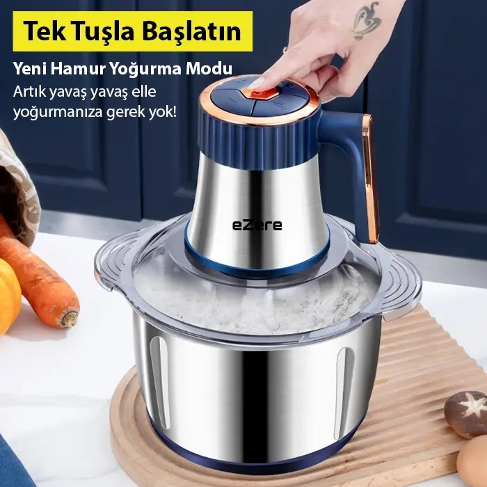 VipMarketim EZERE PowerChop Pro Elektrikli Paslanmaz Çelik Kollu 5 Litre Et Kıyma Makinesi Sebze Meyve Doğrayıcı Rondo Blendır-(5775)