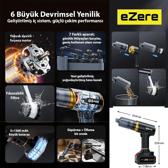 VipMarketim EZERE ST-6609C 20000pa Güçlü Dijital Göstergeli Vakumlu Kablosuz Üflemeli Araç Süpürgesi-(5775)
