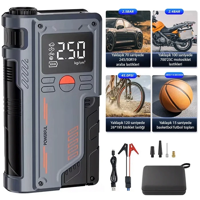 VipMarketim EZERE ST-9631 Pro Taşınabilir Göstergeli Araç Lastik Şişirme Ve Starter Akü Takviye Seti-(5775)