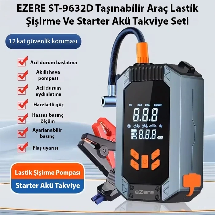 VipMarketim EZERE ST-9632D Taşınabilir Araç Lastik Şişirme Ve Starter Akü Takviye Seti-(5775)