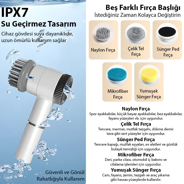 VipMarketim EZERE TurboBrush 5 Başlıklı Elektrikli Temizlik Fırçası-(5775)