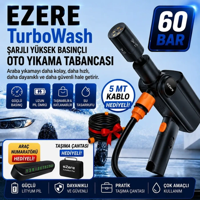 VipMarketim EZERE TurboWash Şarjlı 60 Bar Yüksek Basınçlı Oto Araba Bahçe Yıkama ve Temizleme Tabancası Makinesi-(5775)