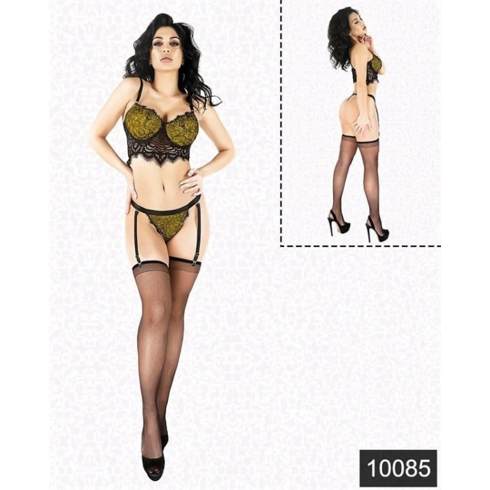 VipMarketim  Fantazi Sarı Lamine Dantel Jartiyer Büstiyer Takım