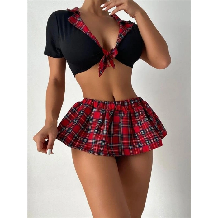 VipMarketim  Fantezi Göğüs Kısmı Fiyonklu Mini Öğrenci Kostümü