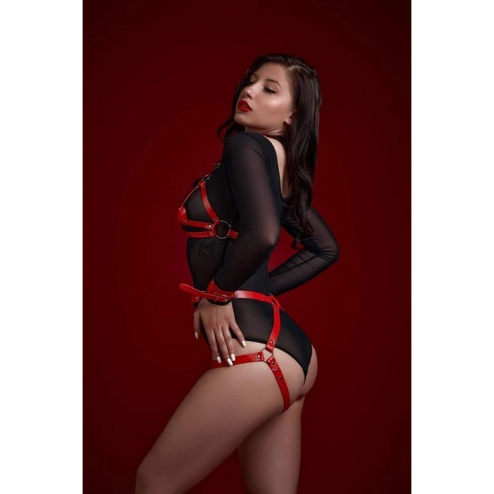 VipMarketim Fantezi Sütyen Külot Kelepçeli Kırmızı Harness Set