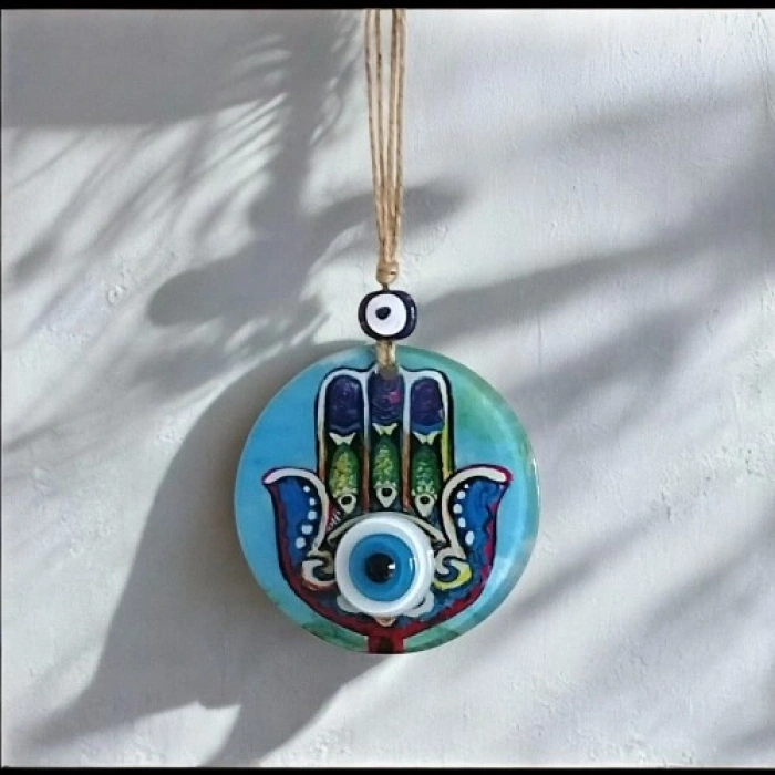 VipMarketim Fatma Ana Eli Desenli Nazar Boncuklu Duvar Süsü 10 Cm Cam Duvar Dekoru