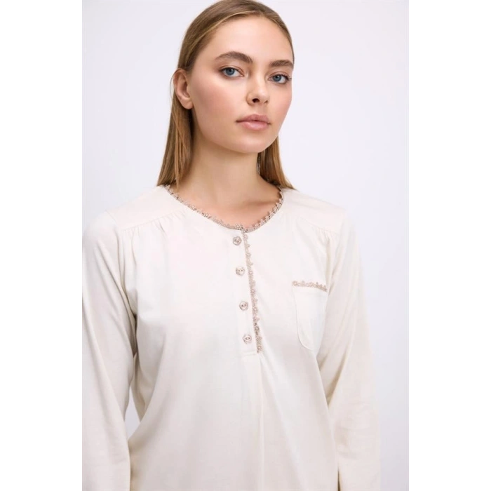 VipMarketim  Fil Dişi Modal Pamuklu Uzun Kollu Düğmeli 2li Pijama Takımı