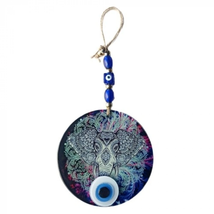 VipMarketim Fil Figürlü Nazar Boncuklu Füzyon Cam Duvar Süsü