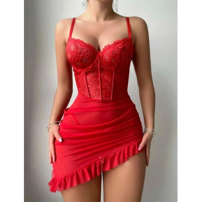 VipMarketim  Fırfırlı Dantel İşlemeli Tül Fantezi Kırmızı Gecelik