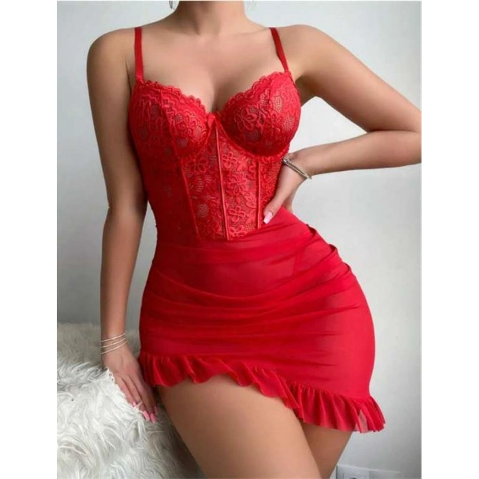 VipMarketim  Fırfırlı Dantel İşlemeli Tül Fantezi Kırmızı Gecelik