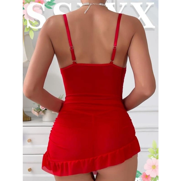 VipMarketim  Fırfırlı Dantel İşlemeli Tül Fantezi Kırmızı Gecelik