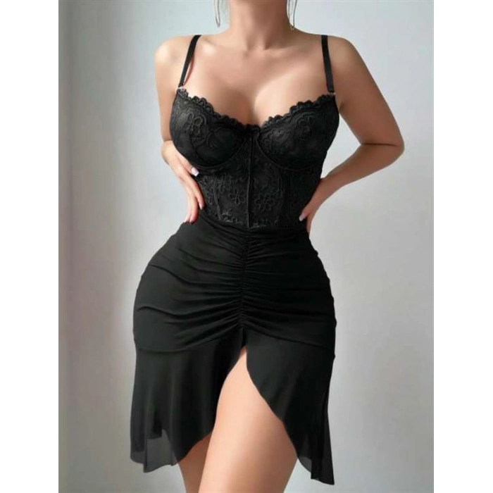 VipMarketim  Fırfırlı Dantel İşlemeli Tül Fantezi Siyah Gecelik