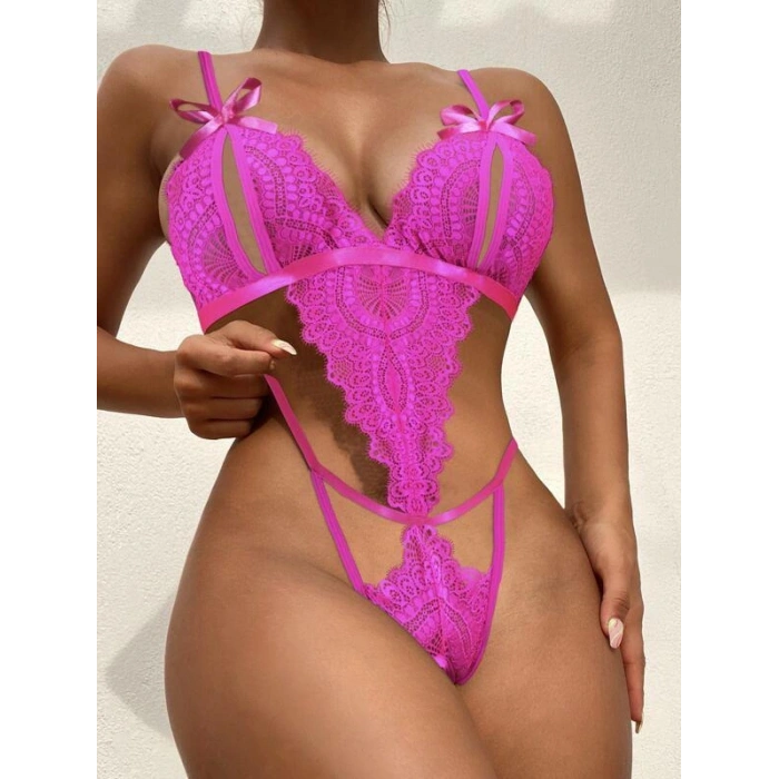 VipMarketim  Fiyonklu Dantelli Fuşya Fantezi Body