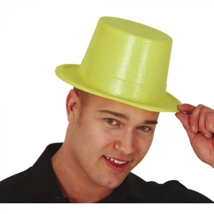 VipMarketim Floresan Sarı Renk Simli Uzun Fötr Melon Şapka 12 cm