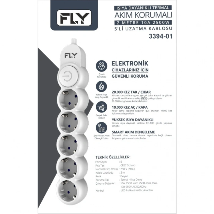VipMarketim FLY 3394-01 5 Soket Akım Korumalı Priz 2.1A Anahtarlı 2Mt Kablo (Beyaz)(1923)