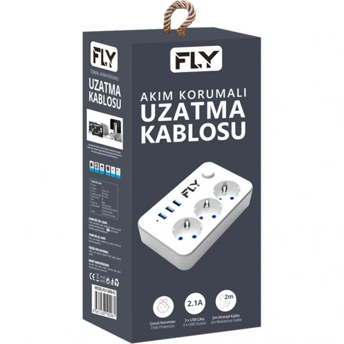 VipMarketim FLY 3406-01 3 Soket 3 USB Akım Korumalı Priz 2.1A Anahtarlı 2Mt Kablo (Beyaz)(1923)