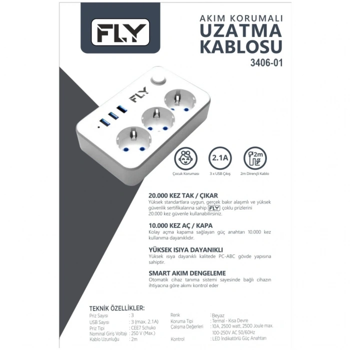 VipMarketim FLY 3406-01 3 Soket 3 USB Akım Korumalı Priz 2.1A Anahtarlı 2Mt Kablo (Beyaz)(1923)