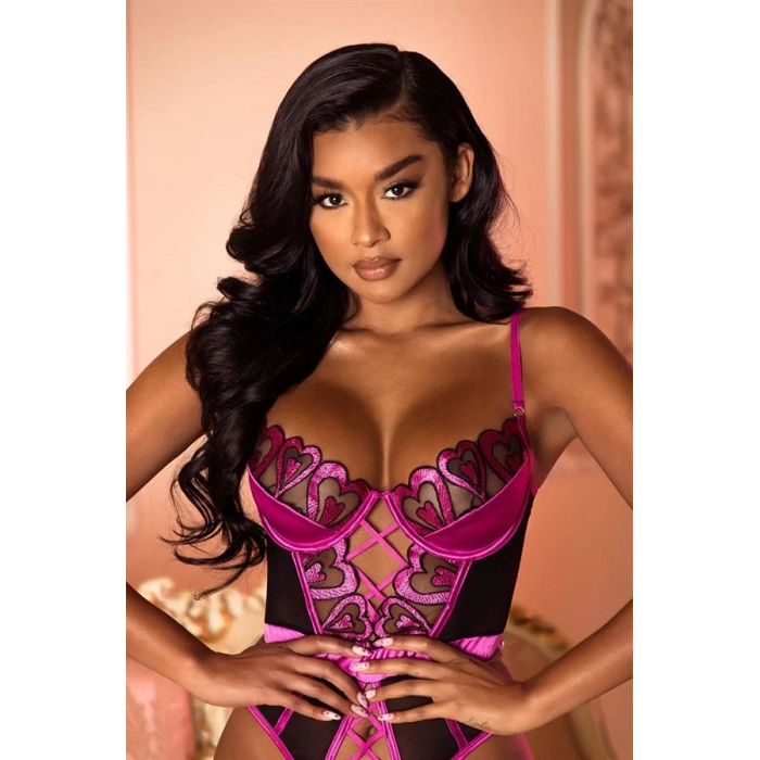 VipMarketim Fuşya Dantel İşlemeli Kalp Desenli Fantezi Gecelik Body Takımı