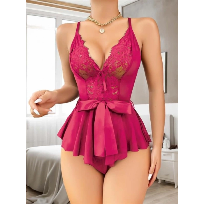 VipMarketim Fuşya Dantel İşlemeli Kurdelalı Fantezi Tül Babydoll